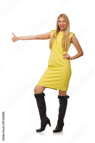 Pretty fair girl in yellow dress isolated on white