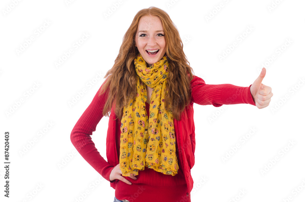 Cute smiling girl in red jacket and jeans isolated on white Cute smiling girl in red jacket and jeans isolated on white