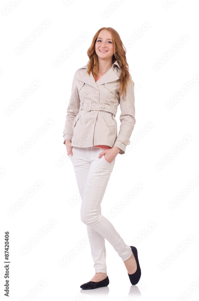 Cute smiling girl in light short coat isolated on white Cute smiling girl in light short coat isolated on white