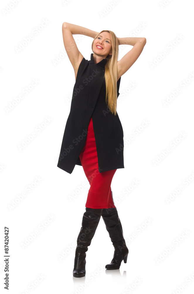 Fototapeta premium Pretty young girl in bordo skirt isolated on white