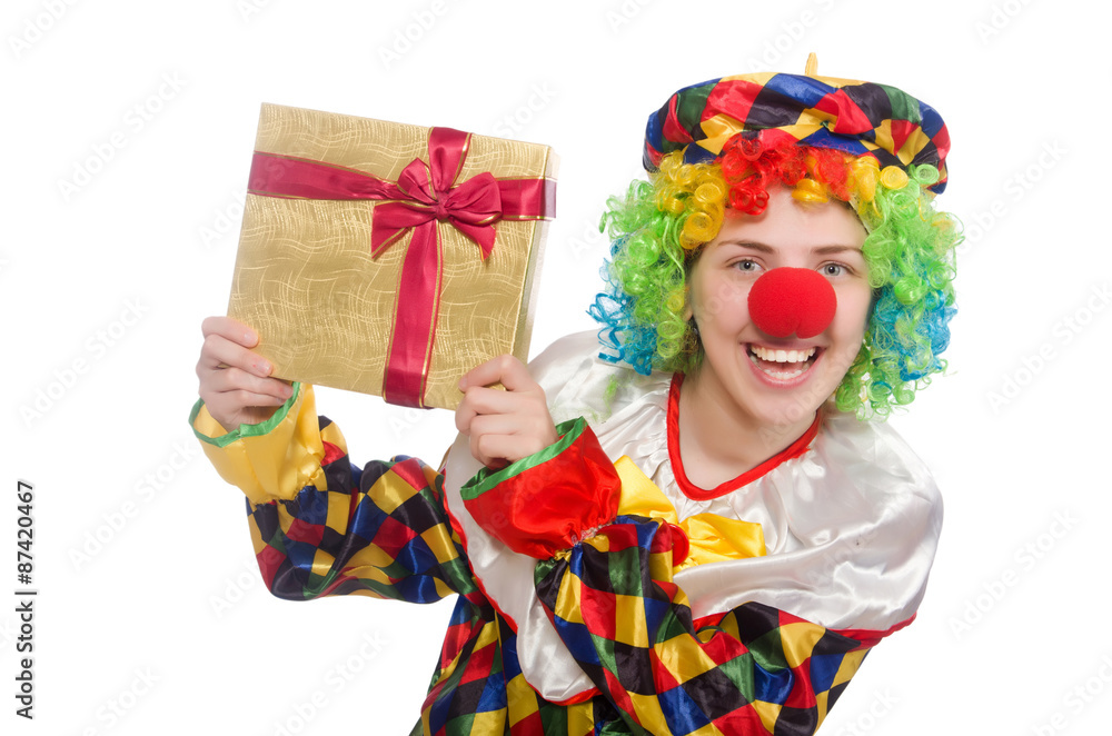 Clown with giftbox isolated on white Clown with giftbox isolated on white