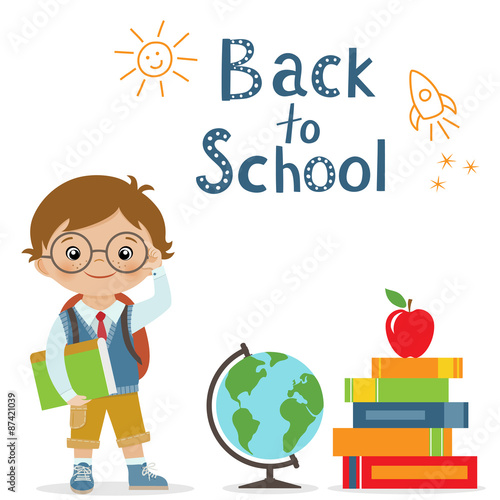 Happy little schoolboy, globe and books on white background for back to school design