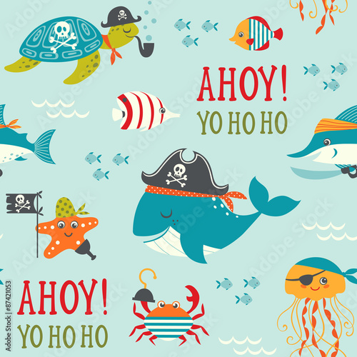 Seamless pattern with cute underwater pirates.
