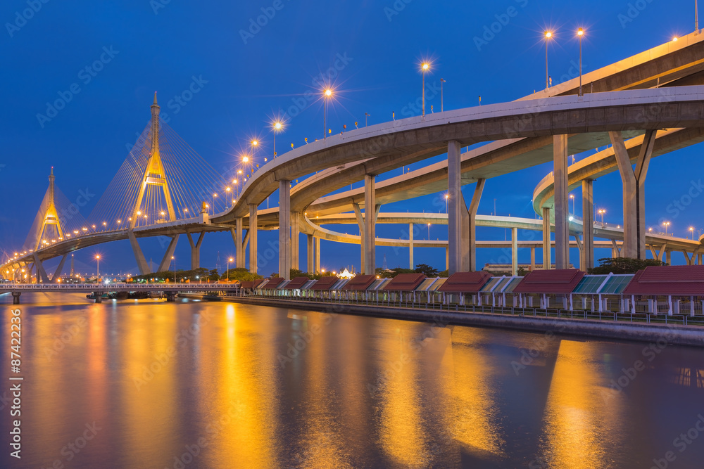 Twilight at Suspension bridge and highway curved with clear blue sky, Bangkok Thailand