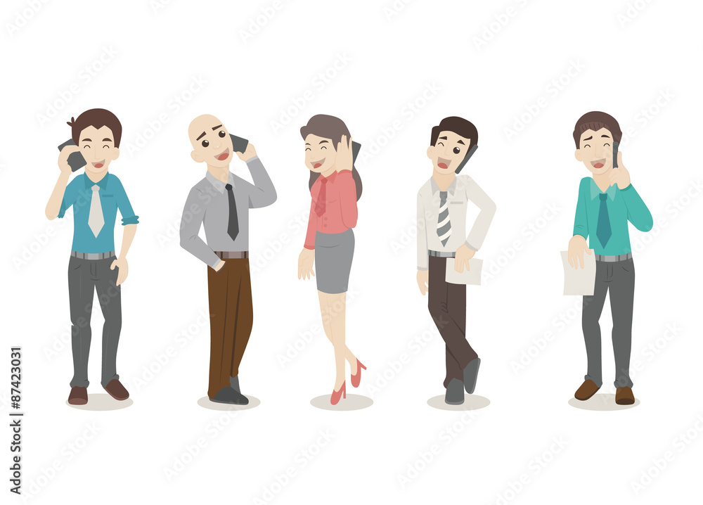 Businessman and woman looking at their phones and tablet , socia Businessman and woman looking at their phones and tablet , socia