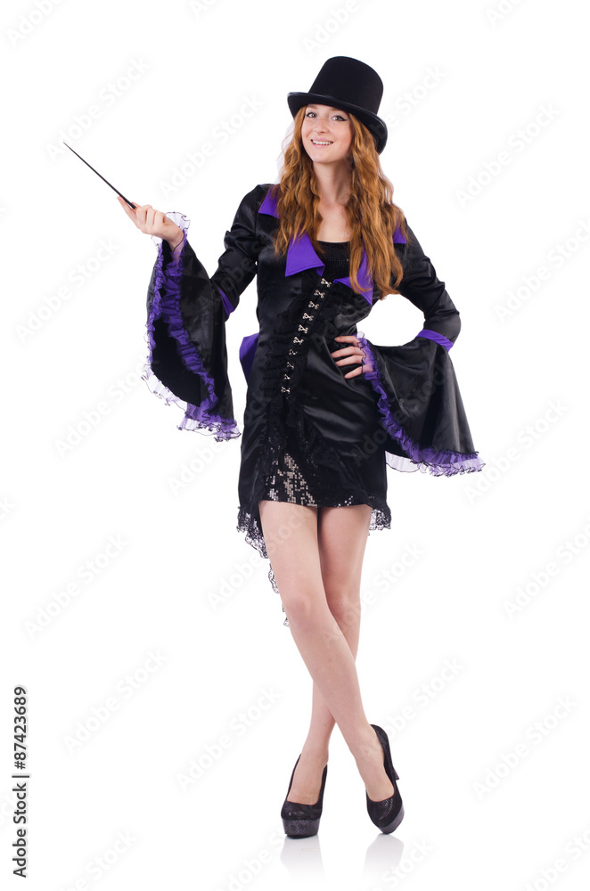 Pretty girl in purple carnival clothing and hat isolated on Pretty girl in purple carnival clothing and hat isolated on
