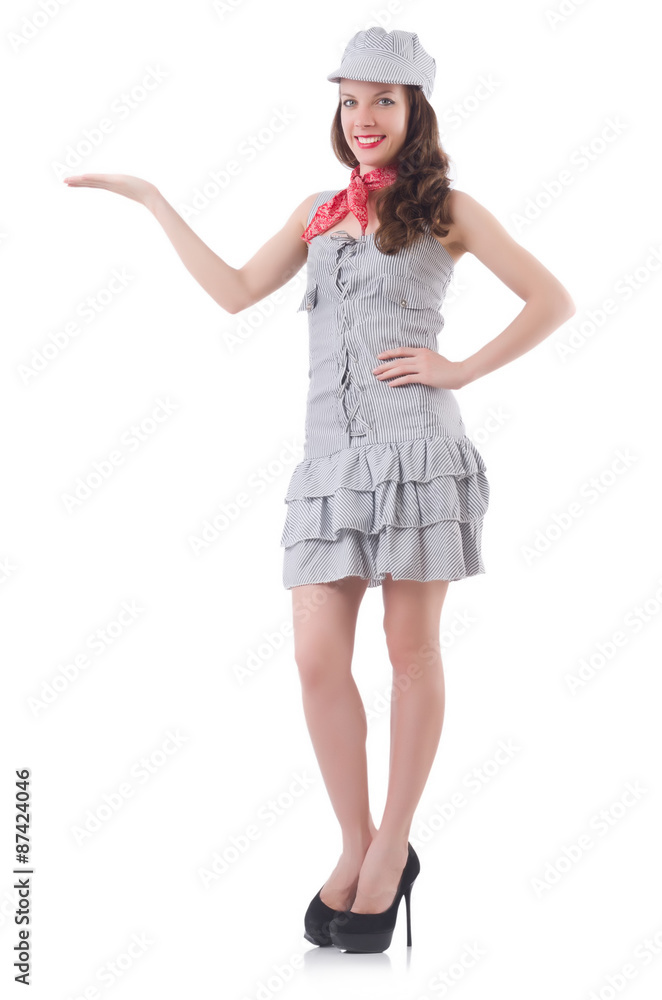 Young woman in gray striped dress isolated on white Young woman in gray striped dress isolated on white