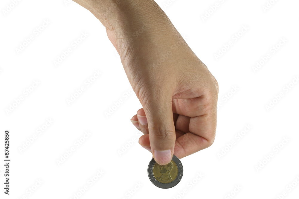 hand put coins isolated on white. hand put coins isolated on white.