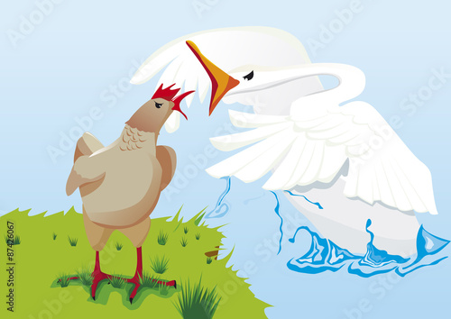 Un cygne et une poule se dispute