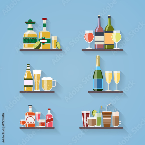 Booze or drinks flat icons on tray at bar