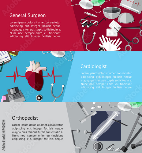 Type of specialist physicians doctor such as general surgeon, cardiologist, orthopedist banner