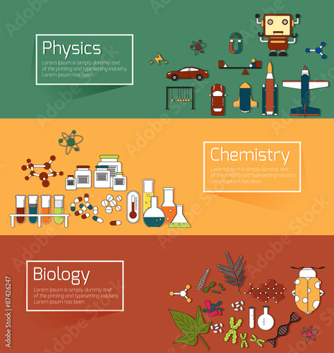 Science education infographic banner template layout such as physics chemistry biology banner