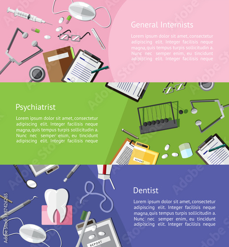 Type of physicians doctor such as general internists, psychiatrist, dentist banner background