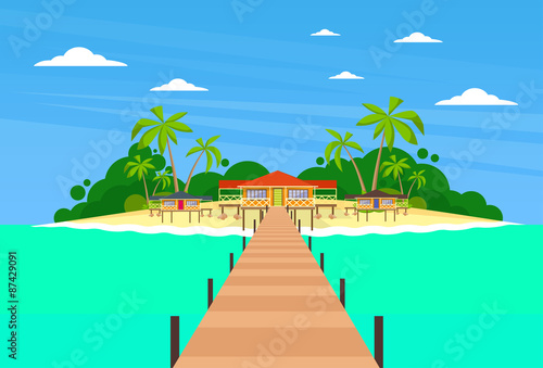 Tropical Island Long Pier Summer Vacation Paradise Ocean 