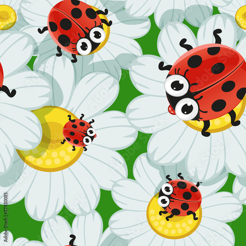 Seamless background with daisies and baby ladybirds