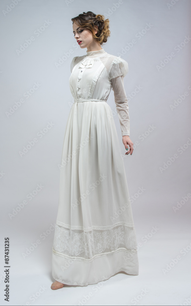Sexy woman in white long retro dress Sexy woman in white long retro dress