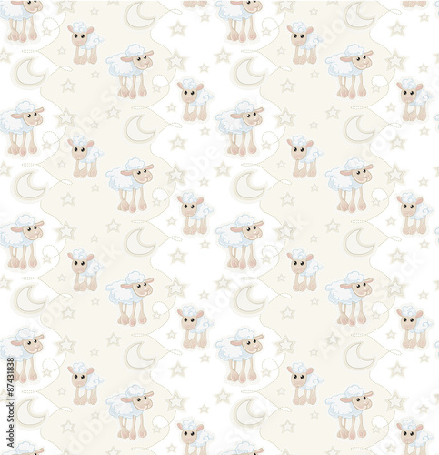 Seamless pattern with cartoon sleepy baby sheep, stars and moon