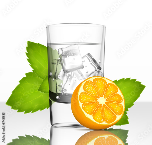 Vector glass of water with ice, orange and mint