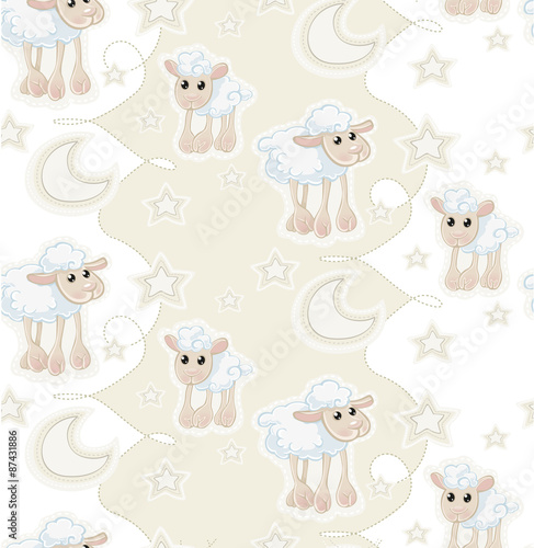Seamless pattern with cartoon sleepy baby sheep, stars and moon