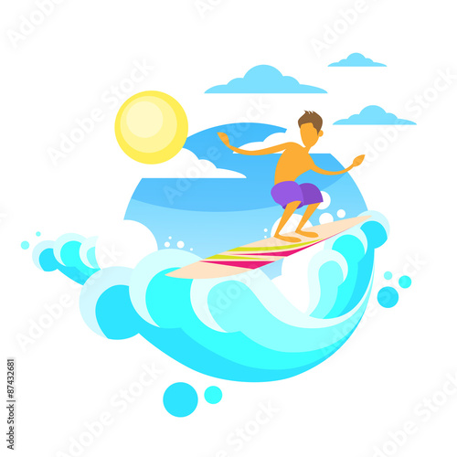 Surfer Man Surfing Sea Wave on Board Summer Ocean 
