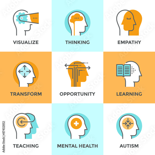 Human mental process line icons set