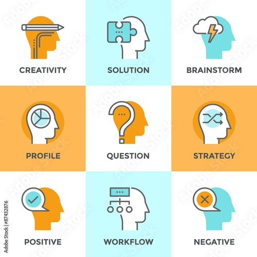 Human brain process line icons set