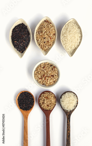 Rice and wooden spoon design on white background