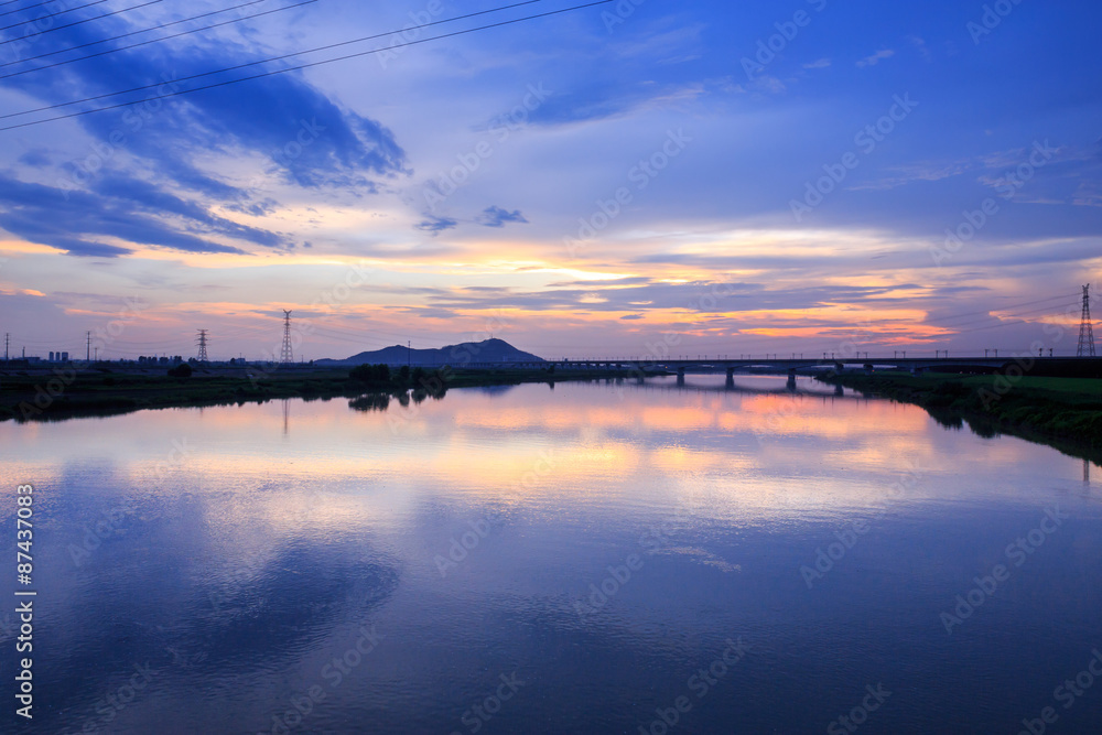 panoramic landscape and river during sunset