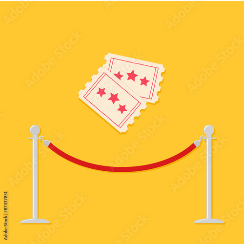 Red rope barrier stanchions turnstile Two tickets. Cinema icon in flat design style.