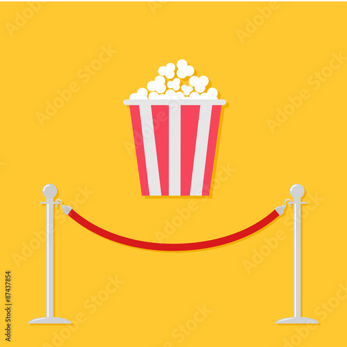 Red rope barrier stanchions turnstile Popcorn. Cinema icon in flat design style.