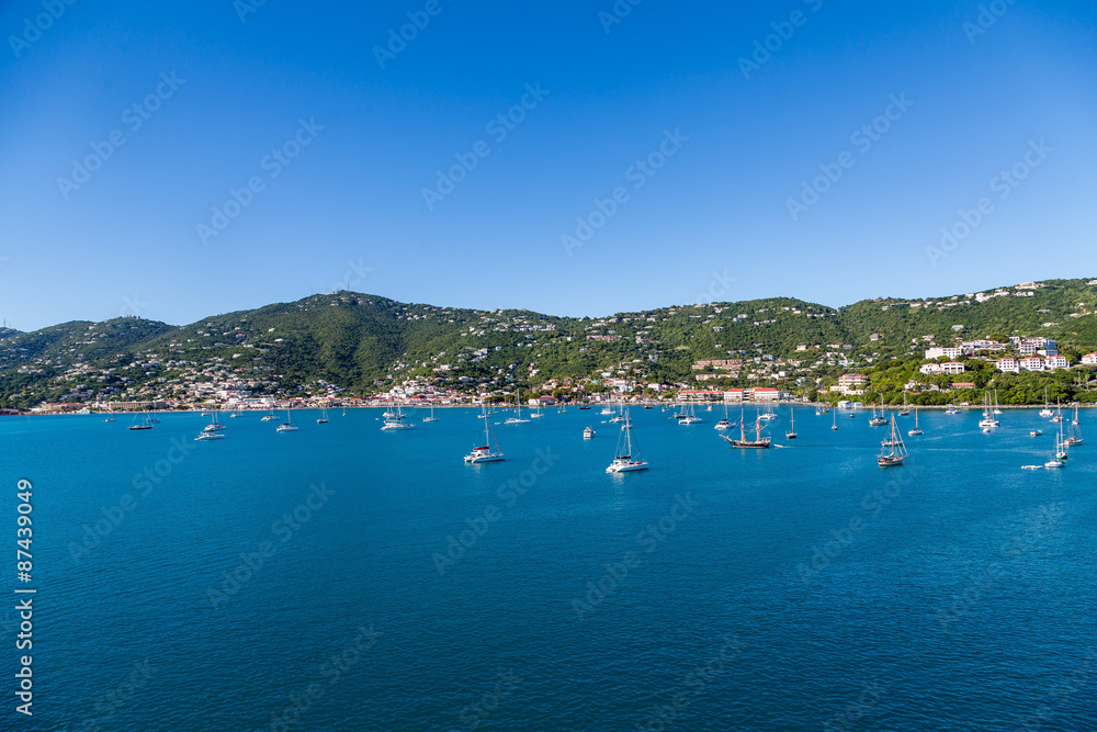 White Sailboats Moored in Blue Bay by Green St Thomas