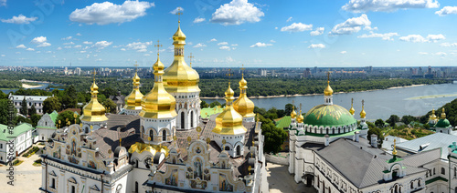 Panorama of Assumption Church/Panorama of Assumption Church, Lavra and on background of blue sky, clouds and Dnieper river, Kiev, Ukraine photo