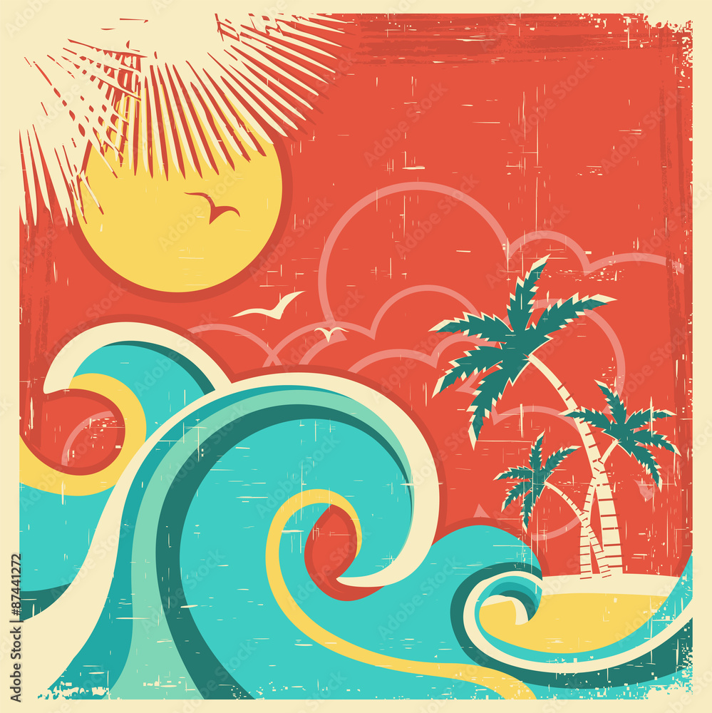 Naklejka premium Vintage tropical poster with island and palms.Vector sea backgro