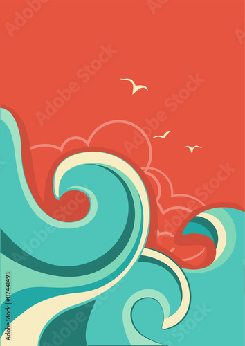 Vintage tropical background with sea waves and sun