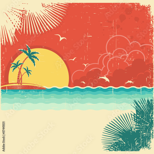 Vintage nature tropical seascape background with island and palm