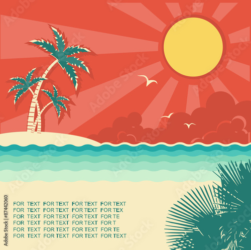 Retro nature tropical seascape background with island and palms