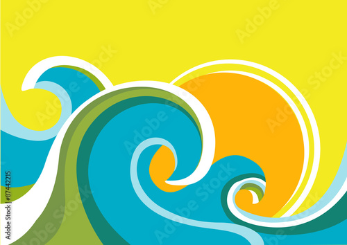 Nature seascape poster with sea waves and sun.Vector color illus