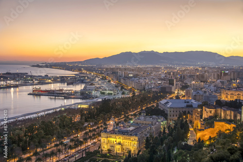 Malaga Port From Gibralfaro at Dusk