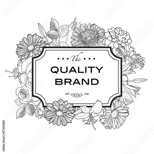 Fototapeta Naklejka Na Ścianę i Meble -  Vintage vector card with engraving flowers. Frame for logo, label. Retro floral design. Botanical illustration with roses, leaves, lilies, dahlia and others.