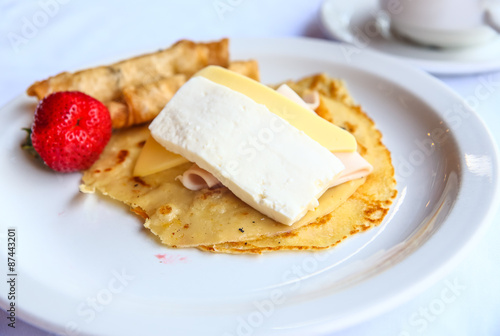 Pancake with cheese and ham