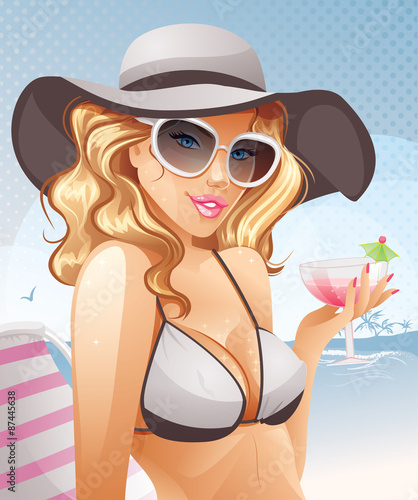 Sexy blonde is sitting on a lounge chair 