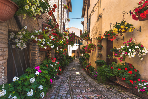 Floral street in central Italy, in the small Umbrian medieval town