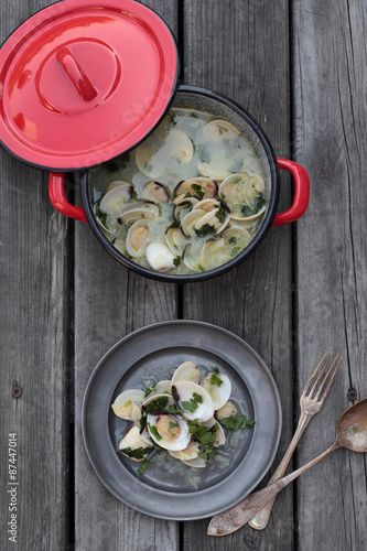 White clamshells with wine and parsley sauce.
