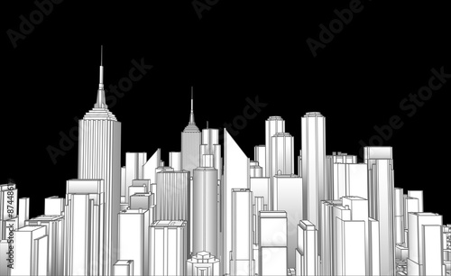 City buildings on black background.