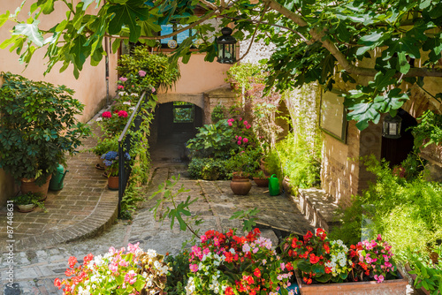 Fototapeta Naklejka Na Ścianę i Meble -  Solar hot Italian town streets with flowers and beautiful greene
