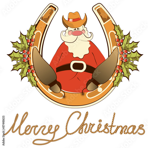 Santa in cowboy shoes sit on lucky horseshoe.Vector isolated on