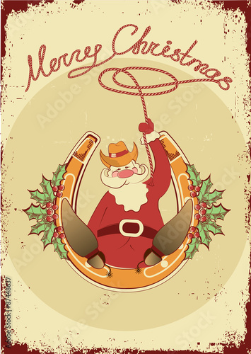 Santa sit on horseshoe with cowboy lasso on vintage poster