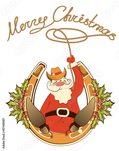 Santa in cowboy shoes and lasso sit on lucky horseshoe.Vector is