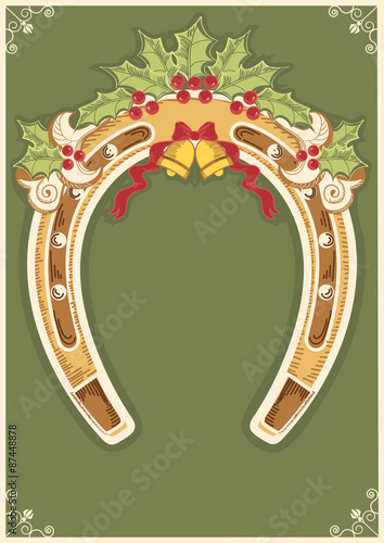 Christmas horseshoe card with holly berry leaves decoration