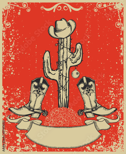 Grunge red christmas card with cowboy boots and cactus on old pa